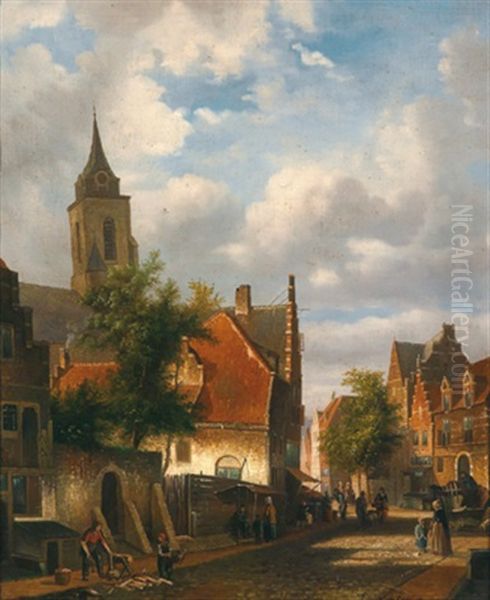 Strassenszene In Einer Kleinen Stadt Oil Painting by Emile Pierre Joseph de Cauwer