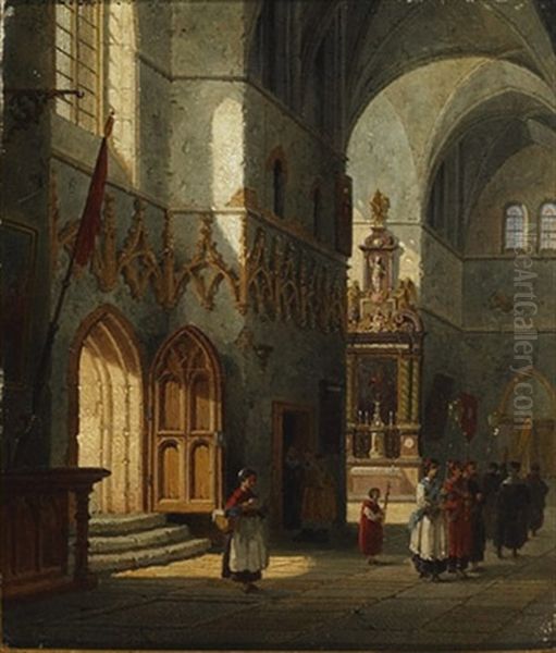 Figures In A Church Interior Oil Painting by Emile Pierre Joseph de Cauwer