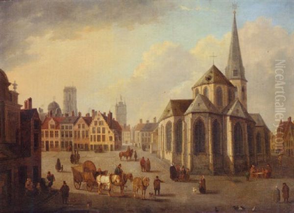 Numerous Townsfolk On A Square, Gent by Emile Pierre Joseph de Cauwer