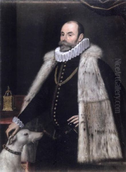 Portrait Of A Gentleman In A Black And Gold Doublet With A White Ruff, A Fur-lined Cloak And His Hand Resting On The Head Of A Dog Oil Painting by Giovanni Paolo Cavagna