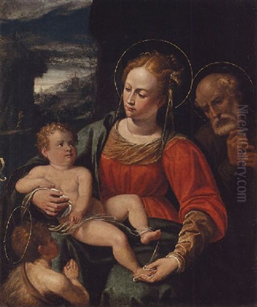 The Holy Family With Saint John The Baptist, A Landscape With The Flight Into Egypt Beyond Oil Painting by Giovanni Paolo Cavagna