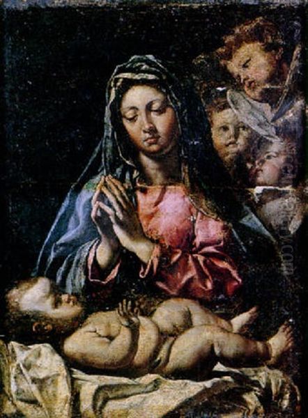 La Vierge A L'enfant Entouree D'anges Oil Painting by Giovanni Paolo Cavagna