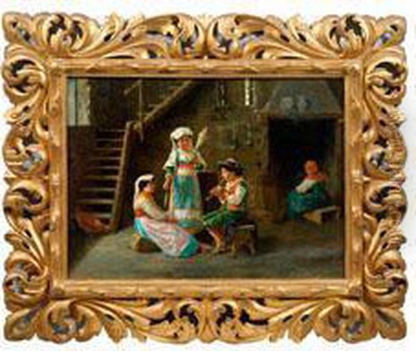 Suditalienisches Bauernhausinterieur Mit Flote Spielendem Knaben Oil Painting by Giulio Amodio