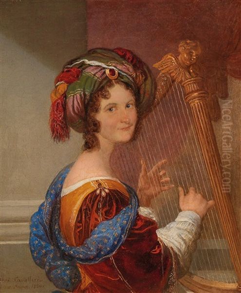 Young Woman With Turban Playing Music Oil Painting by Ferdinando Cavalleri