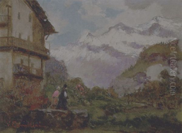 Paesaggio Montano Con Figure Oil Painting by Vittorio Cavalleri