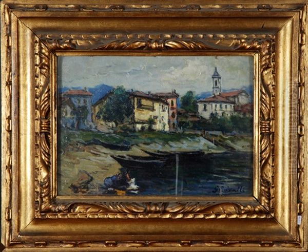 Scorcio Di Paese Lacustre Con Lavandaie Oil Painting by Giovanni Cavalli