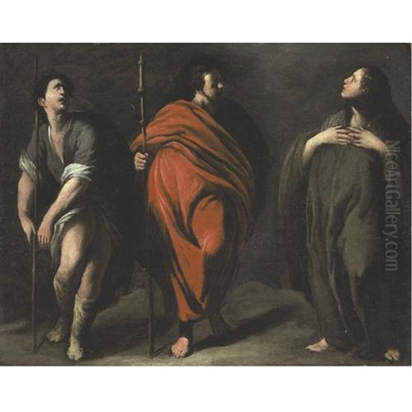 Three Standing Saints (attrib. To Bernardo Cavallino Or Antonio De Bellis) Oil Painting by Bernardo Cavallino