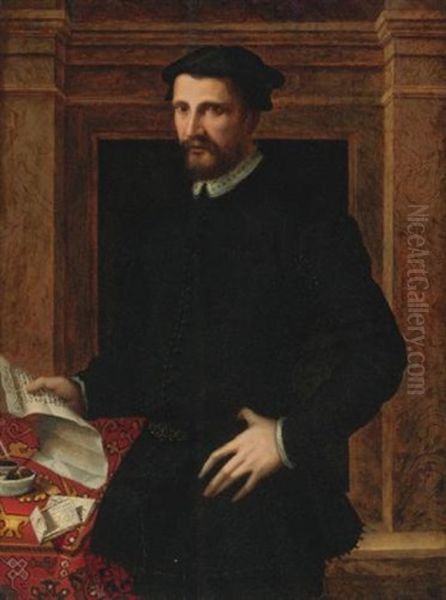 Portrait Of A Gentleman, Three Quarter Length, Holding A Letter Oil Painting by Mirabello Cavalori