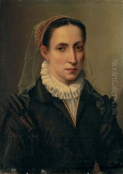 Portrait Of Contessina Mattei, In A Black Dress With A White Chemisette, A White Veil And Gold Net Over Her Hair Oil Painting by Mirabello Cavalori