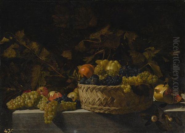 Basket Of Fruit On A Stone Ledge Oil Painting by Bartolomeo Cavarozzi