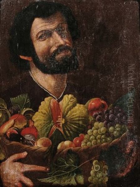 Uomo Barbuto Che Regge Cesto Di Frutta Oil Painting by Bartolomeo Cavarozzi