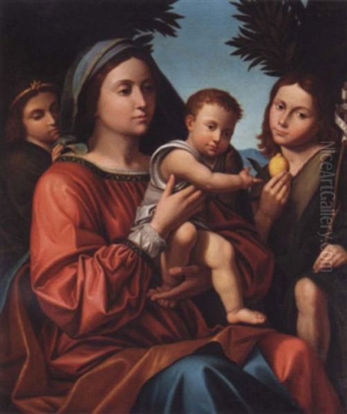 The Madonna And Child With Saint John The Baptist And An Angel Oil Painting by Paolo Moranda Cavazzola