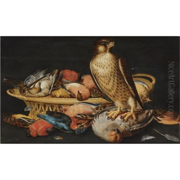 A Still Life With A Live Hawk Perched On A Dead Partridge, A Kingfisher, Finches And Other Dead Game In A Woven Basket Oil Painting by Nicolaes Cave