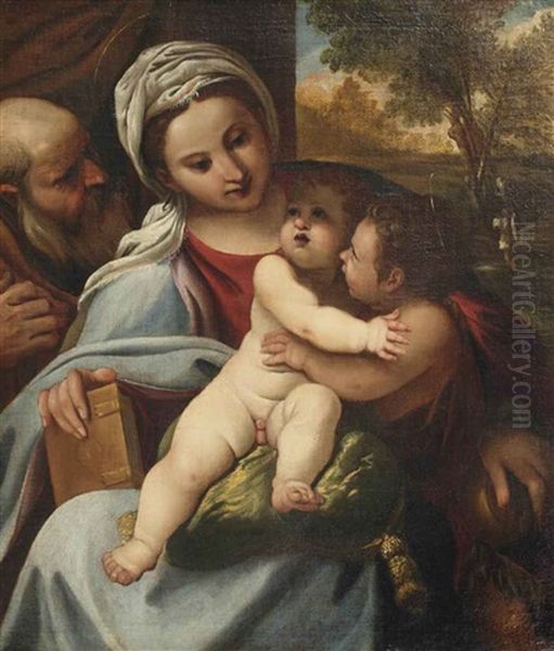 The Holy Family With Saint John The Baptist Oil Painting by Giacomo Cavedone