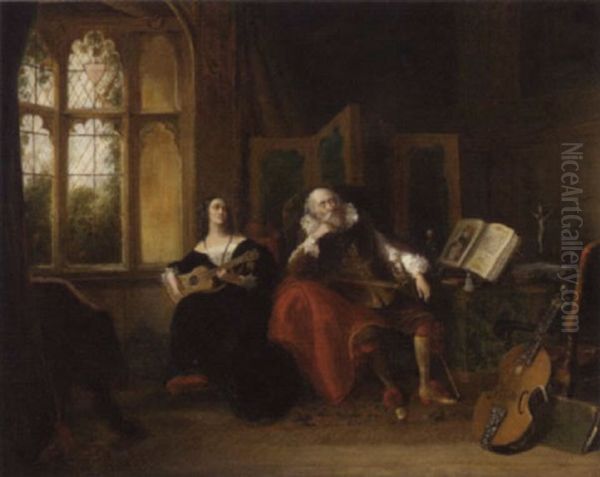 On Her Spanish Guitar, She Played A Ditty With Lulled Her Old Guardian To Sleep Oil Painting by John Cawse