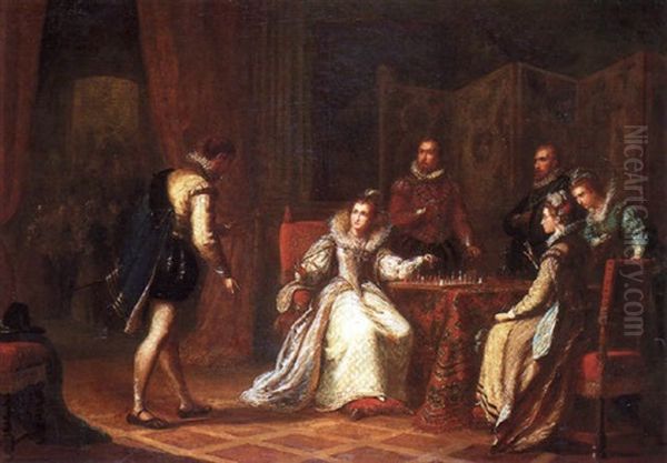 Mary Queen Of Scots Interrupted From A Game Of Chess By One Of Her Courtiers Oil Painting by John Cawse