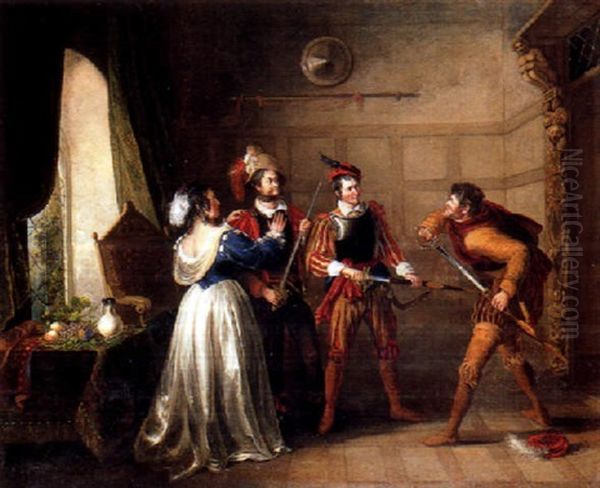 King Henry The Fifth, Act 2 - Mrs. Quickly, Pistol, Nym And Bardolph Oil Painting by John Cawse