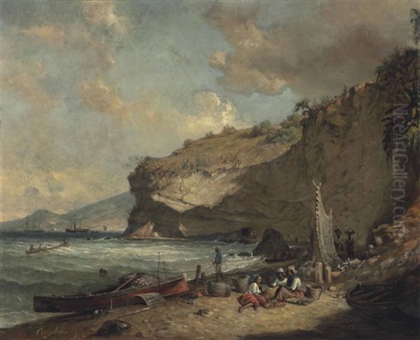 The Coast At Le Carbet, Martinique, With The Trou Caraibe, Looking Towards St. Pierre Oil Painting by Michel Jean Cazabon