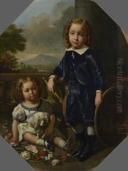 Portrait De Deux Enfants Probablement De La Famille Geoffroy Saint Hilaire Oil Painting by Eusebe Cazals