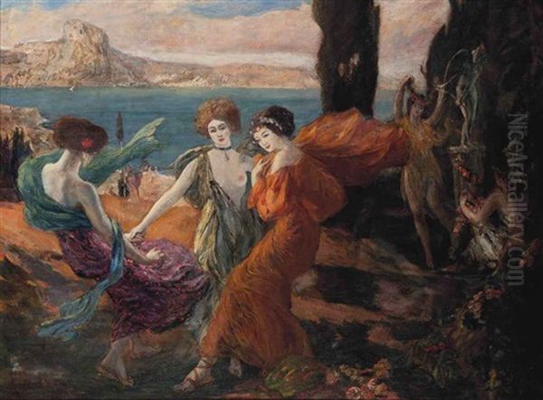 A Classical Idyll Before An Island, Possibly Capri Oil Painting by Clovis Cazes