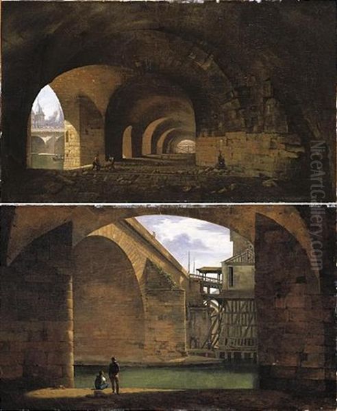 Paris, A View Of The Vaults Of The Quai De Gesvres Near The Pont Au Change (+ A View Of The Pont Notre-dame From The Vaults Of The Quai De Gesvres; Pair) Oil Painting by Jean-Baptiste Cazin