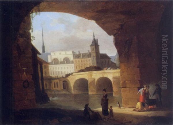 Jeunes Femmes Ravivant Le Feu Pres D'un Pont Oil Painting by Jean-Baptiste Cazin