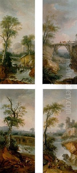 River Landscape With Herdsmen, Maids, And Travellers By A Waterfall Oil Painting by Jean-Baptiste Cazin