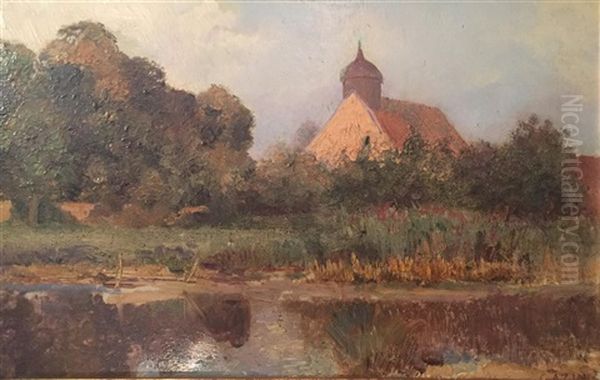 Une Chapelle Pres D'un Etang Oil Painting by Jean-Charles Cazin