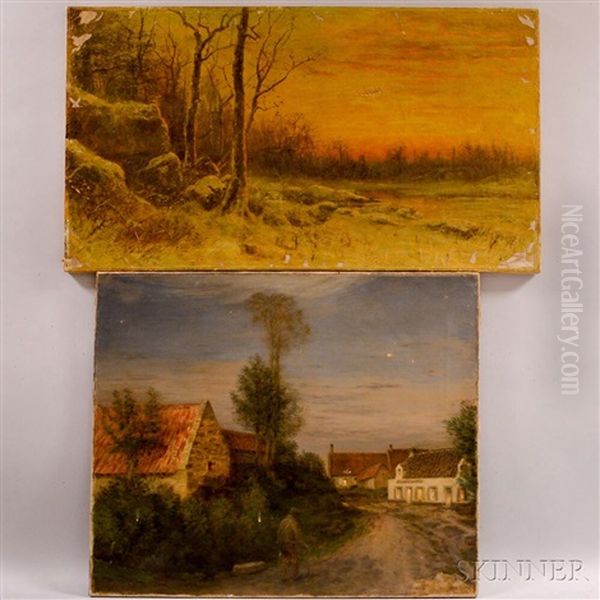 Two Unframed Landscapes: L'estaminet Oil Painting by Jean-Charles Cazin