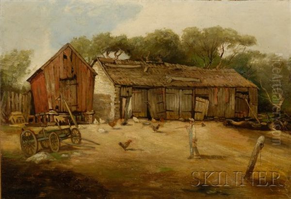 View Of A Farmer Tending Chickens Oil Painting by Jean-Charles Cazin