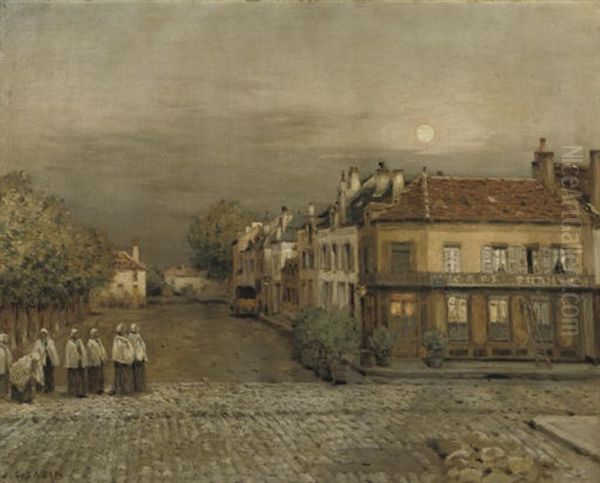 Effet De Lune - On A Village Square Oil Painting by Jean-Charles Cazin