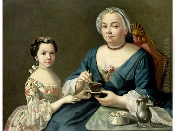 Portrait Of A Lady And Her Daughter Drinking Hot Chocolate Oil Painting by Sebastiano Ceccarini