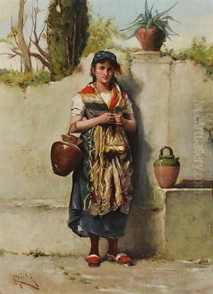 Girl At A Well Oil Painting by Adriano Cecchi