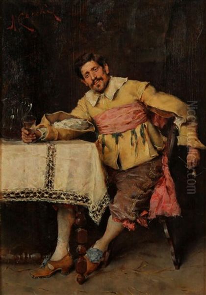 A Man Enjoying A Glass Of Wine Oil Painting by Adriano Cecchi