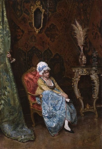 Junge Frau Im Salon, Von Einem Herrn Belauscht Oil Painting by Adriano Cecchi