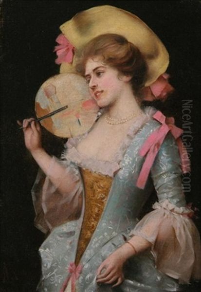 Coquette With Japanese Fan Oil Painting by Adriano Cecchi