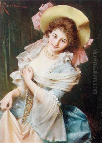 An Italian Beauty Oil Painting by Adriano Cecchi