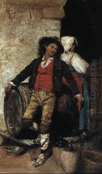 Flirtation In The Cellar Oil Painting by Adriano Cecchi