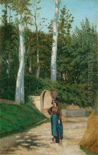 Wooded Landscape With Woman Carrying A Jar Oil Painting by Eugenio Cecconi