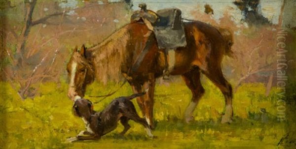 Cavallo E Cane Oil Painting by Eugenio Cecconi