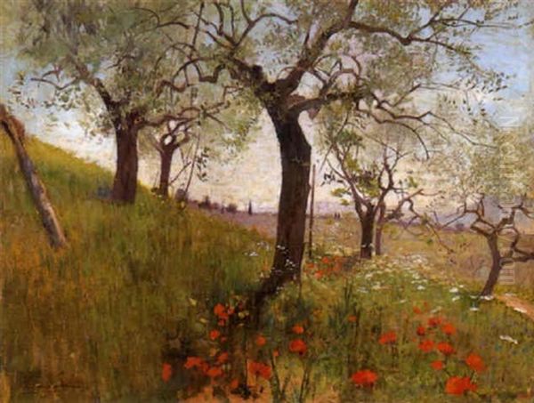 Paesaggio Con Alberi E Papaveri Oil Painting by Eugenio Cecconi