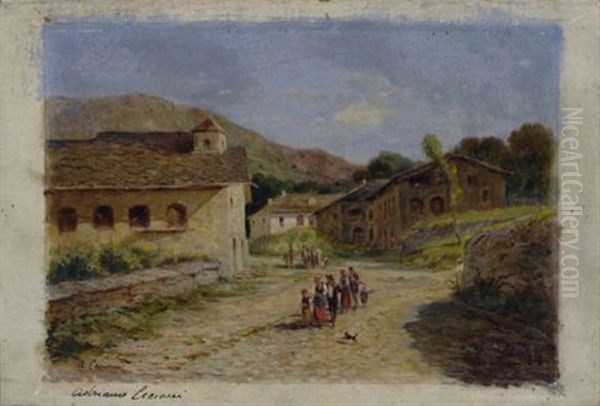 Strada Di Campagna Con Figure Oil Painting by Adriano Cecioni