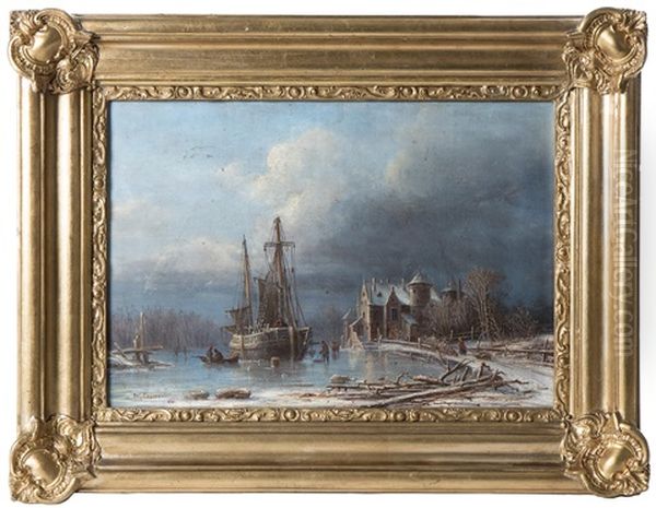 Segelfartyg I Vintrigt Landskap Med Renassansborg Och Figurer Oil Painting by Pehr Wilhelm Cedergren