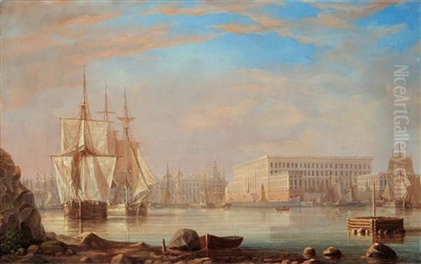 Vy Mot Skeppsbron Och Stockholms Slott Oil Painting by Pehr Wilhelm Cedergren