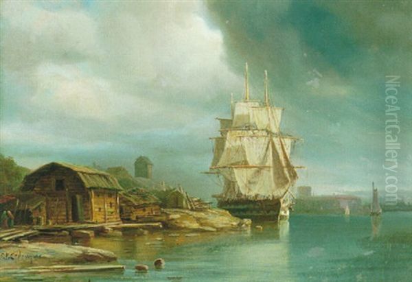 Segelfartyg Pa Saltsjon - Strandmotiv Med Byggnader, Stockholm Oil Painting by Pehr Wilhelm Cedergren