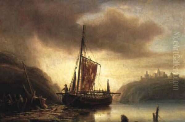 Kustmotiv Med Skuta Oil Painting by Pehr Wilhelm Cedergren