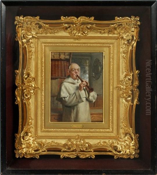 Monk Playing Flute Oil Painting by Thure Nikolaus Cederstrom