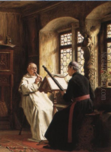 Monks Playing A Duet Oil Painting by Thure Nikolaus Cederstrom