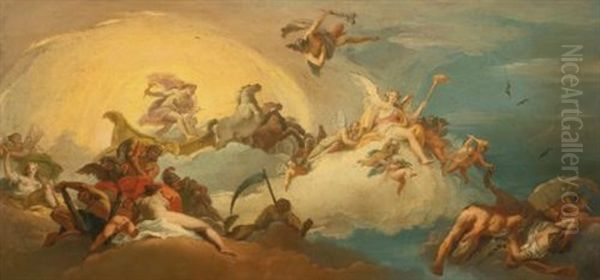 Aurora With Apollo Driving The Sun Chariot Oil Painting by Costantino Cedini