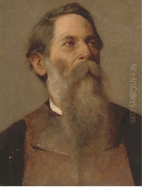 Portrait Of A Bearded Gentleman, Bust-length, In A Brown Apron Oil Painting by Bernardo Celentano